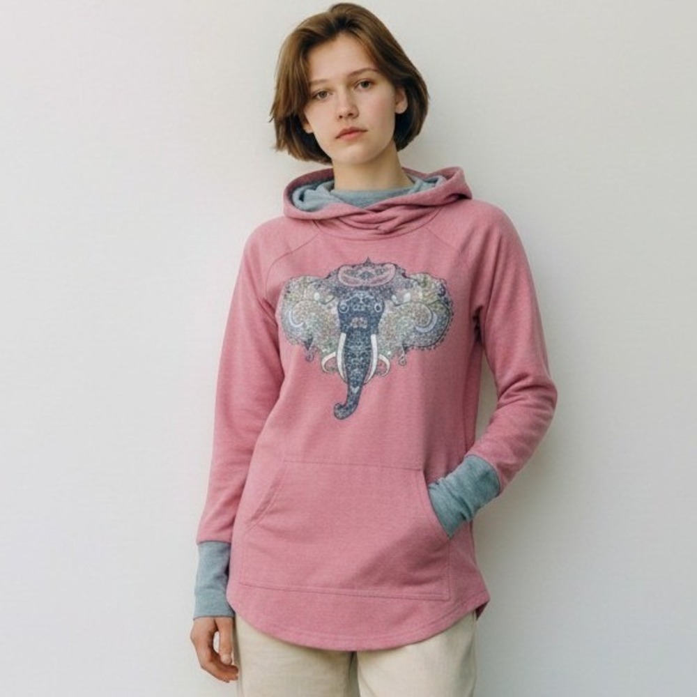 LuLaRoe XS Pink Elephant Graphic Hooded Tunic Top Long Sleeve Boho Hoodie Casual